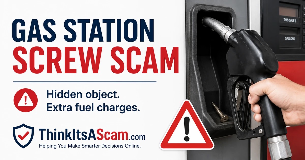 Gas Station Screw Scam Warning Gas station screw scam warning showing a fuel nozzle, a screw, and a consumer alert symbol