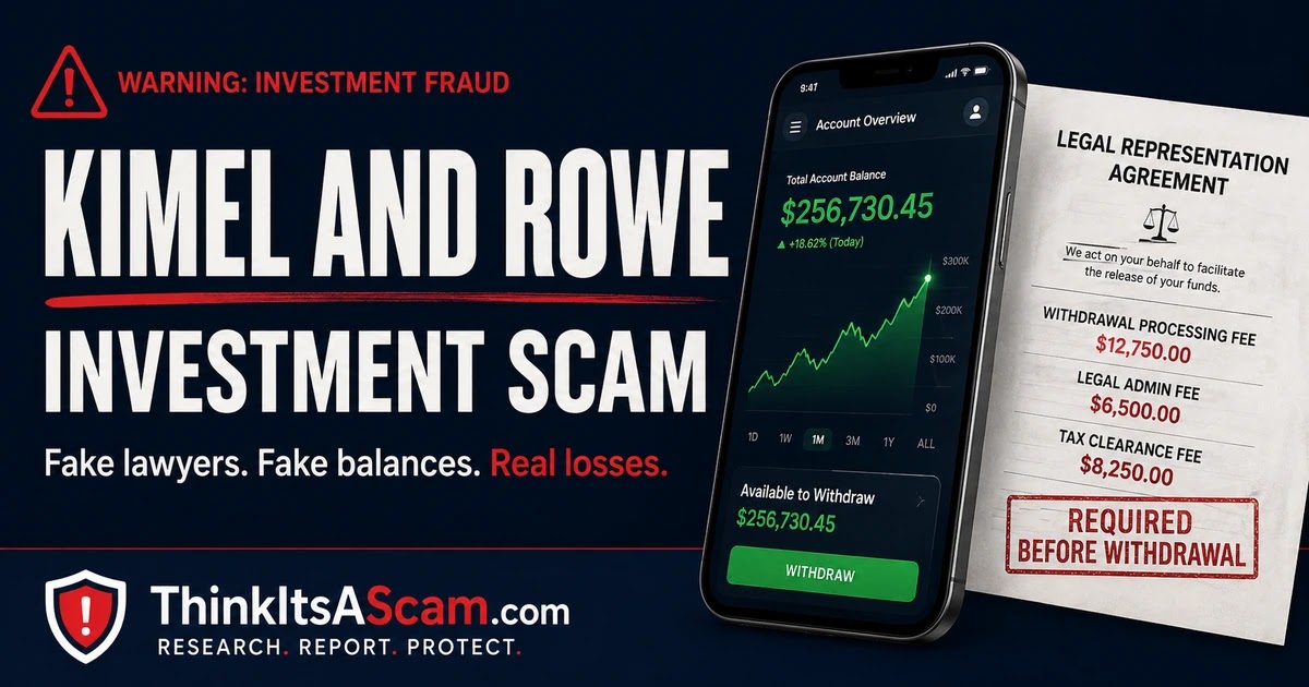 Kimel and Rowe Investment Scam Kimel and Rowe investment scam warning showing fake investment balances, withdrawal fees, and fraudulent legal demands