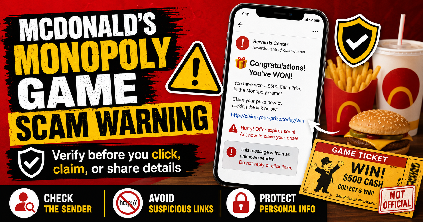 McDonald's Monopoly is a real promotion, but fake prize scams and the historical McMillions fraud can cause confusion. McDonald's Monopoly scam warning explaining the historical McMillions fraud, fake prize messages, suspicious claim links, and prize-fee scams
