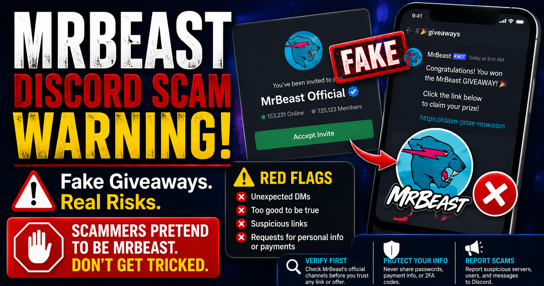 Fake MrBeast Discord giveaways may use phishing links, QR codes, hacked accounts, and crypto offers. MrBeast Discord scam warning showing fake giveaways, QR code phishing, hacked accounts, suspicious server invitations, and crypto offers
