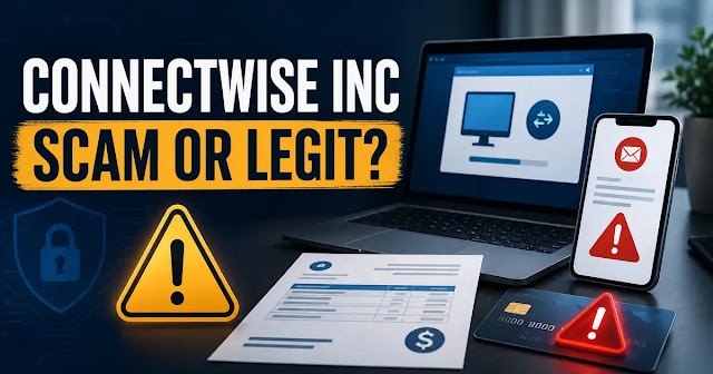 ConnectWise Inc Scam or Legit Warning ConnectWise Inc scam or legit warning showing a suspicious email, remote-support request, invoice, and credit-card alert