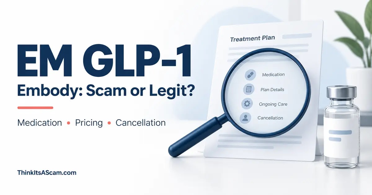 EM GLP-1: Embody Scam or Legit? EM GLP-1 and Embody consumer guide with a magnifying glass, treatment-plan document, and generic medication vial.
