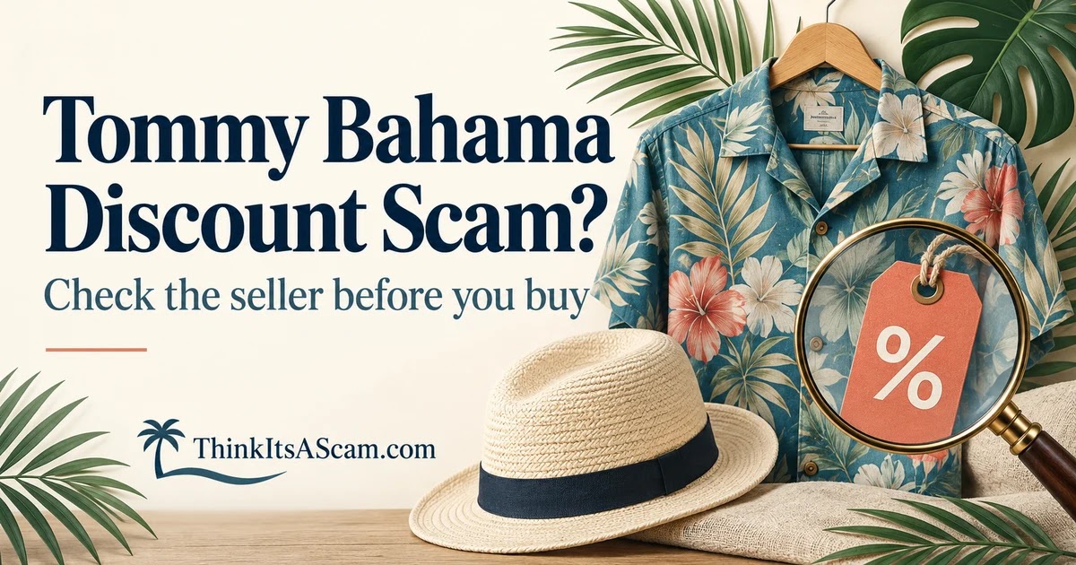 Tommy Bahama Discount Scam? Check the Seller Tommy Bahama discount scam guide illustrated with a tropical shirt, sale tag, and magnifying glass.
